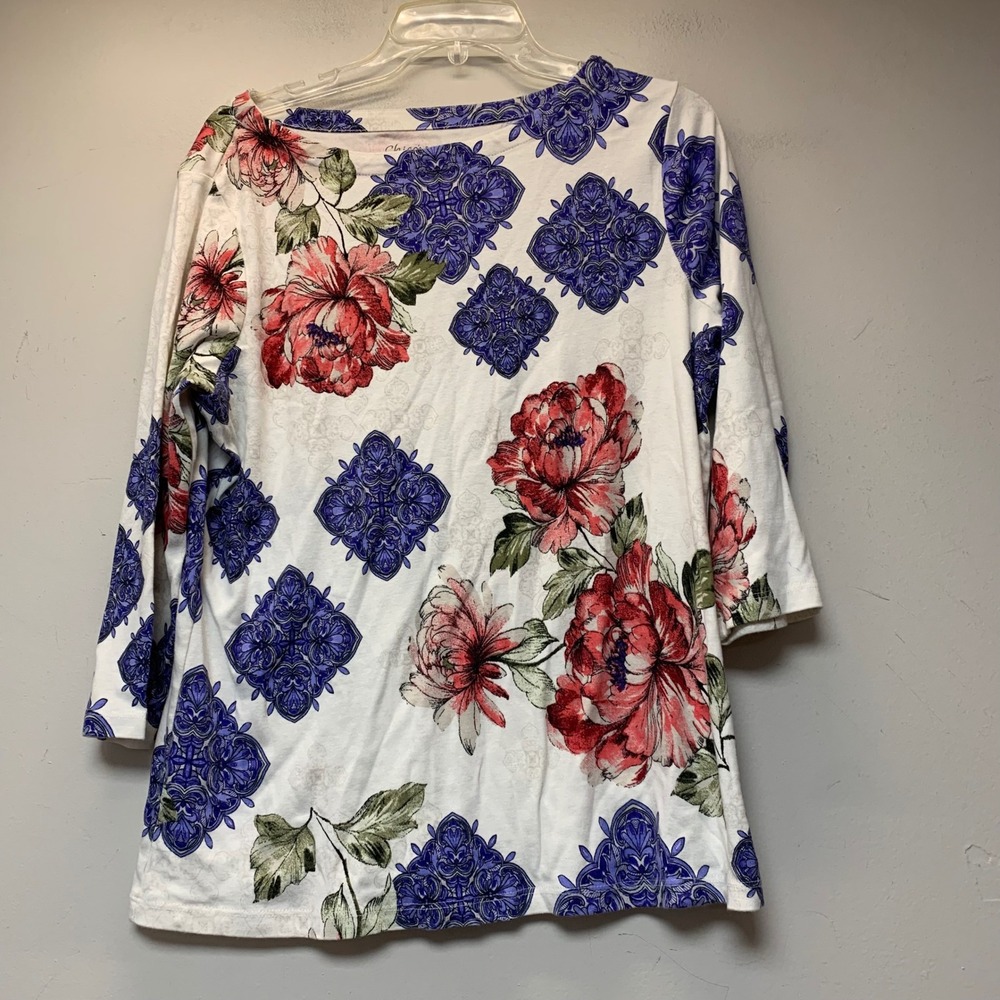 Chico's Top Women Size 2 White Red Floral Medallion Excellent Cotton 3/4 Sleeve